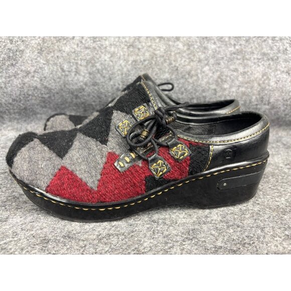 Born Maddie Wool Leather Clogs Woman's 6 Red Gray Plaid Slip On - Picture 1 of 8